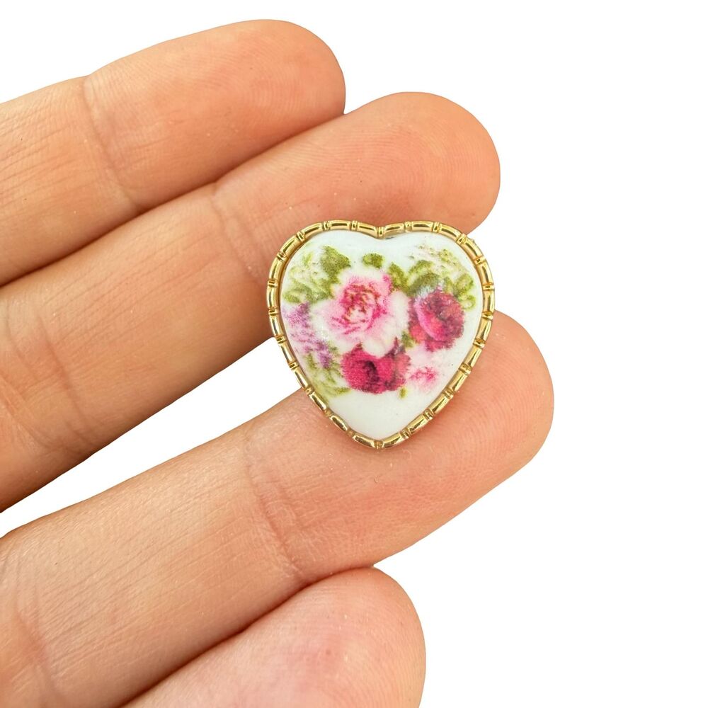 Vintage Jewelry Victorian Heart Brooch with painted Roses Porcelain Heart Pin wi